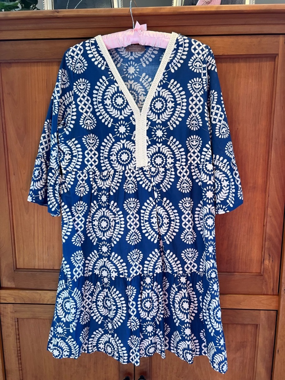 Blue & White Printed V-Neck Tunic Dress